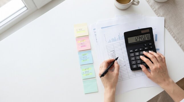 Close-up of hands using a calculator and pen for financial accounting and budgeting on a bright white desk with spreadsheets and colorful sticky notes.