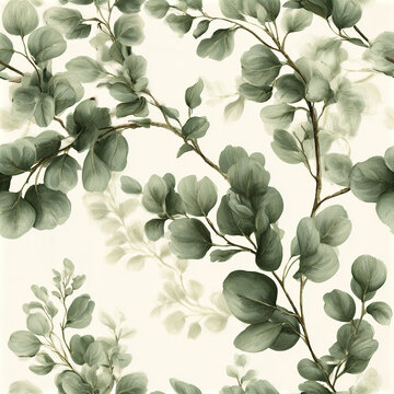 Seamless eucalyptus leaf pattern with delicate round leaves and soft green tones creating calming natural design