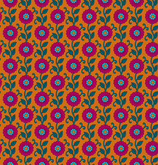 Seamless floral  pattern featuring pink flowers, teal leaves, and vines on a mustard yellow background. Traditional ethnic allover motif for fashion, textiles, kurti prints, and wallpaper. © SS_creation