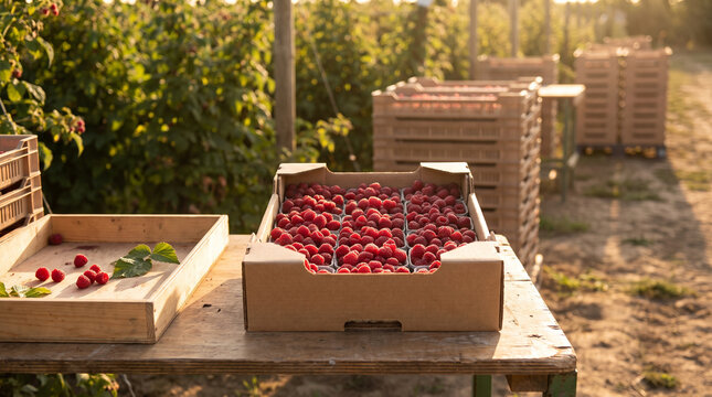 Fresh raspberries in harvest box on farm table