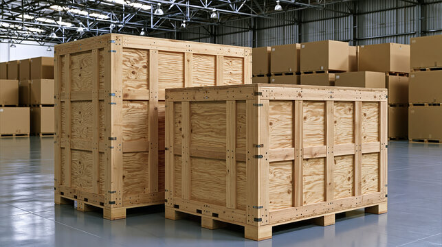 Warehouse packaging concept featuring two large generic wooden crate and cardboard box for secure shipping