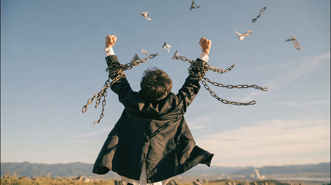 Rebellious person raising chained arms beneath flying bird in open sky, expressing freedom, hope, and release from restraint