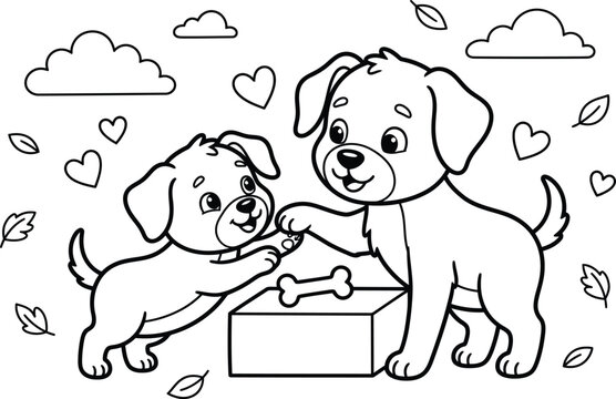 Cute Puppies Sharing Bone Box Coloring Page Illustration