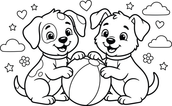 Cute Puppies Playing With Ball Coloring Page Illustration