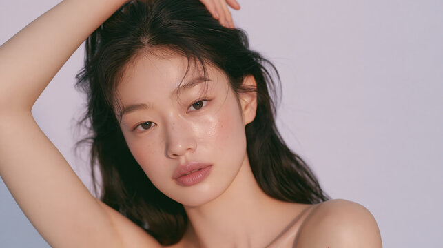 Korean female model with natural beauty, soft makeup, and graceful pose against pastel studio background