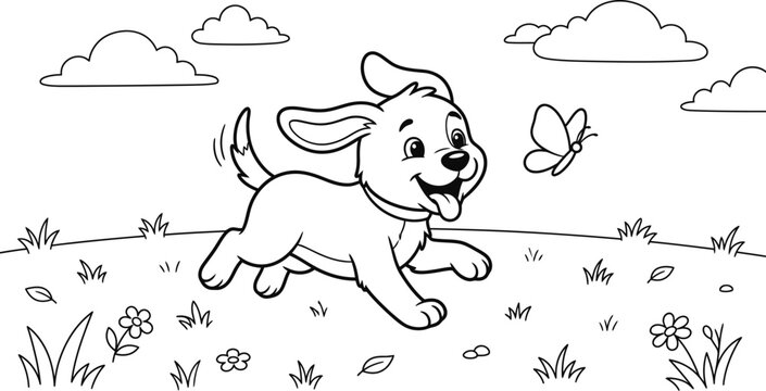 Cute Puppy Chasing Butterfly In Garden Coloring Page Illustration
