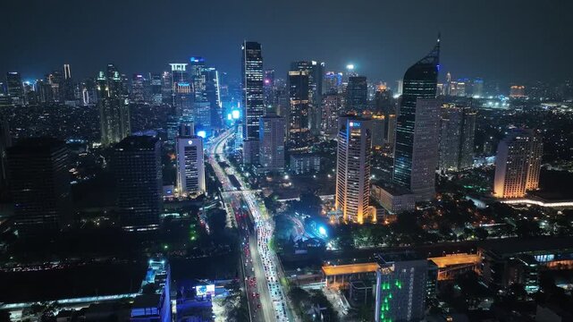 Aerial view of city skyline of Jakarta downtown, Indoensia in the night