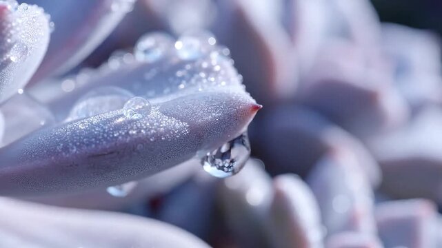 Water droplet sliding off succulent leaf tip