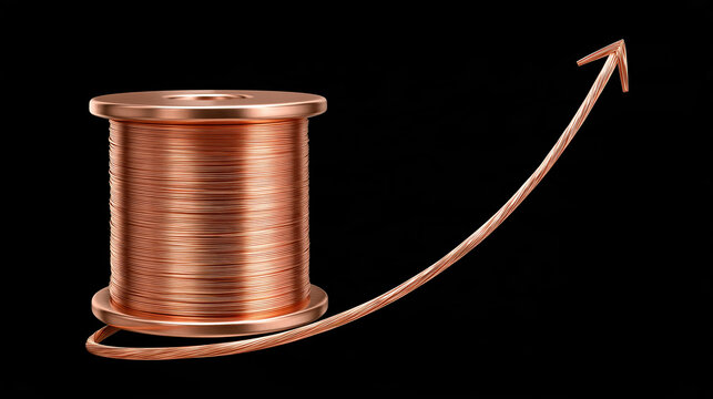 Copper wire spool with loose end forming upward arrow on black background