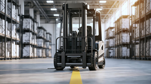 Warehouse forklift safety concept featuring generic industrial vehicle on marked aisle inside spacious storage facility