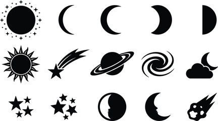 Space and astronomy silhouette icon set featuring moon phases sun stars shooting star saturn planet galaxy cloud and meteor vector © Sojol