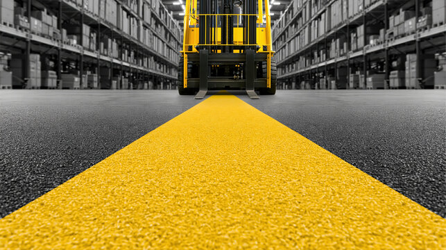 Warehouse forklift safety concept featuring yellow forklift and aisle marking