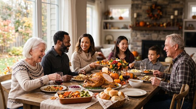 Happy multi-generational family enjoying a festive Thanksgiving dinner together at home.