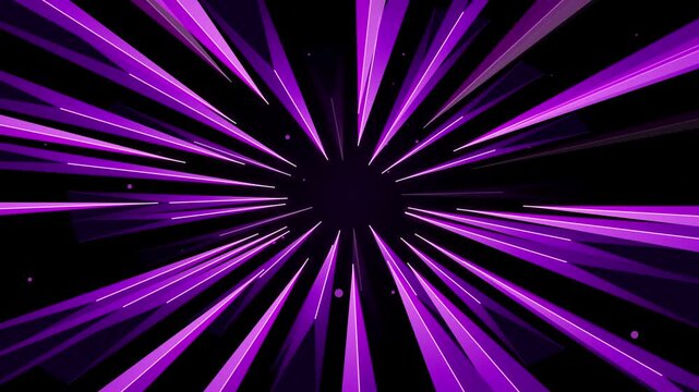 Purple light rays bursting from center, abstract neon speed lines on black background, futuristic motion blur effect for high-energy transitions