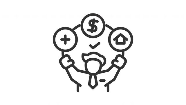 Businessman juggling money and financial icons for wealth management