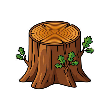 Forest Tree Stump with Oak Leaves and Growth Rings Clipart