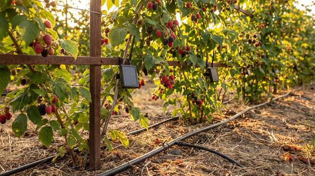 Row of raspberry canes with drip irrigation at golden hour