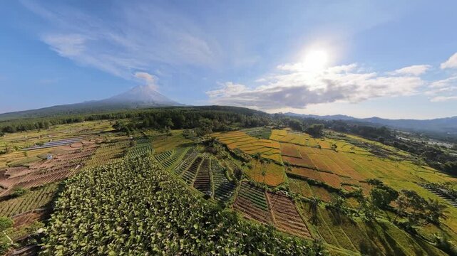 Drone fisheye panorama of Mount Semeru over colorful rice terraces beneath sunlit clouds.