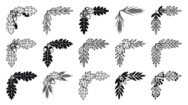Vintage botanical corner borders set, 15 decorative floral frame elements with oak leaves and acorns, black hand drawn vector foliage ornaments