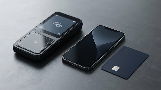 Modern contactless payment terminal with a smartphone and a blank credit card on a dark grey surface
