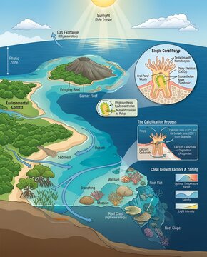 Infographic diagram showing the coral reef ecosystem structure, single coral polyp anatomy, calcification process, and environmental growth factors