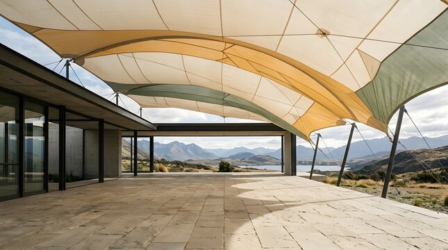 Large tensile fabric canopy structure providing shade over a stone patio with mountain landscape views