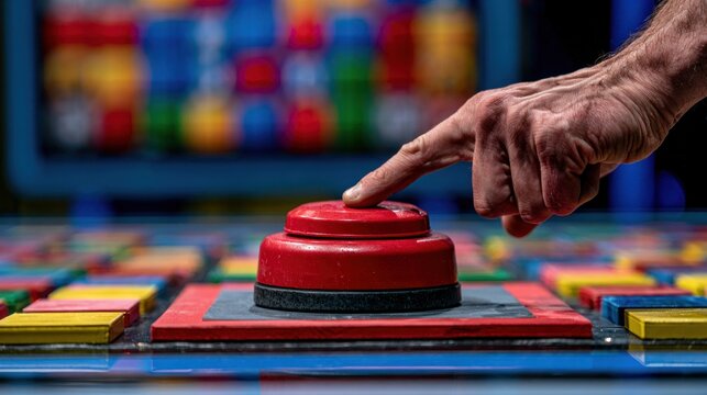 Finger pressing red button game show element