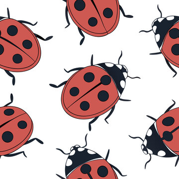 Minimalist ladybug pattern with bold red and navy blue beetle motifs designed for modern textile applications and stationery sets.