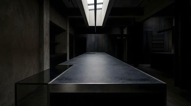 Modern charcoal kitchen counter in a dark minimalist studio interior with overhead natural light