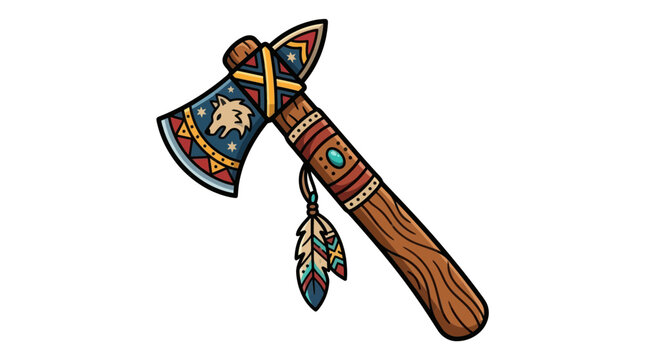 Decorative Tomahawk Axe with Feathers and Tribal Patterns