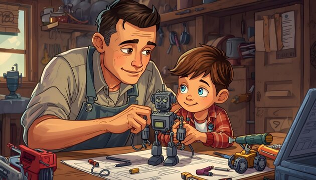 Father and son building robot in home workshop illustration.
