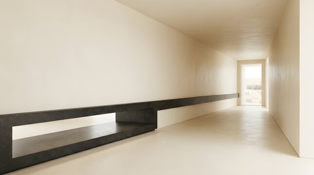 Minimalist black modular shelving unit in bright empty modern hallway with clean white walls