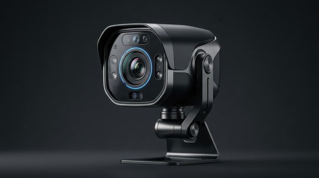 Modern security camera with infrared sensors, professional surveillance equipment for home safety, sleek black outdoor cctv monitoring system
