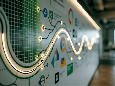 Abstract developer workspace wall with green gradient grids, glowing network nodes, and minimalist icons. Cinematic lighting, shallow depth of field, clean negative space for software landing pages.