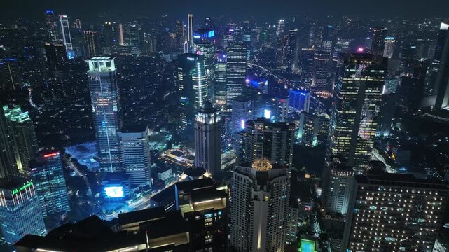 Aerial view of city skyline of Jakarta downtown, Indoensia in the night