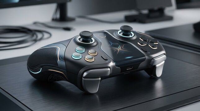 Futuristic gaming controller with ergonomic design, professional wireless gamepad on black desk, high-tech video game accessory for esports and gaming