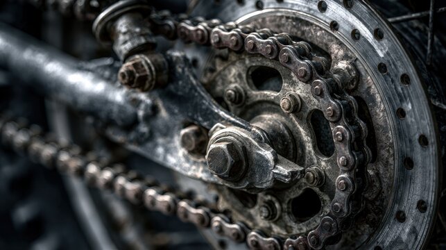 Close up mechanical chain and sprocket detail
