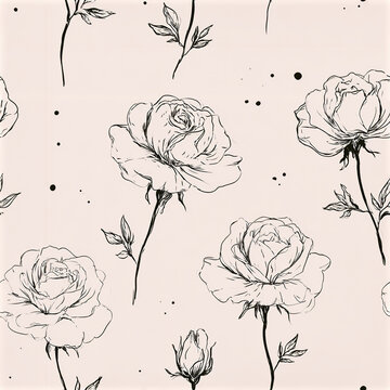 Simple botanical rose pattern with loosely drawn flower outlines and delicate leaves soft background, elegant and artistic