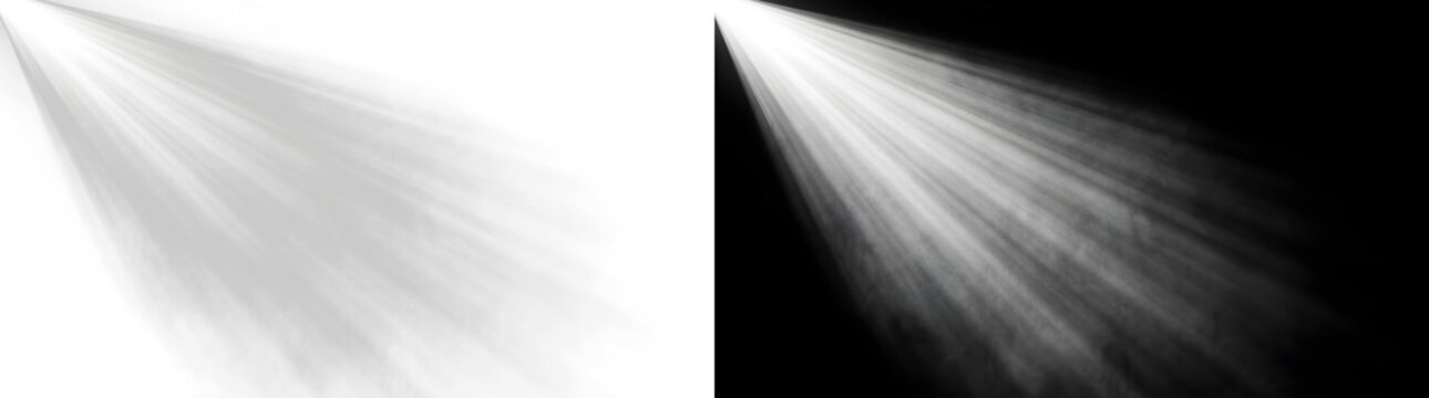 Cinematic light rays and sunbeam texture overlay, dramatic spotlight effect on black and white background, ethereal glow for photo editing