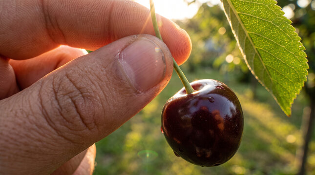Hand Picking a Ripe Cherry from Tree