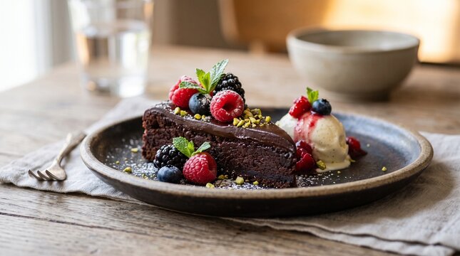 Slice of decadent chocolate cake topped with fresh berries and ice cream