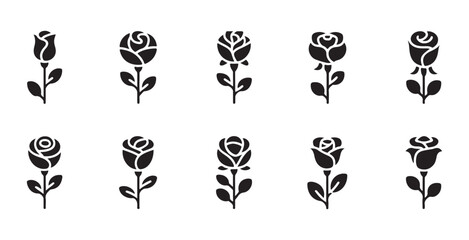 Obraz premium Rose flower vector icon collection featuring various floral silhouettes for graphic design projects.