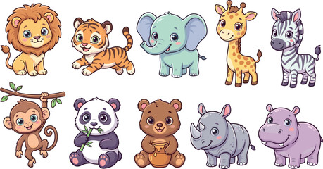 Fototapeta premium Cute Baby Wild Animal Character Collection with Lion Tiger Elephant Giraffe Zebra Monkey Panda Bear Rhinoceros and Hippopotamus Illustrations