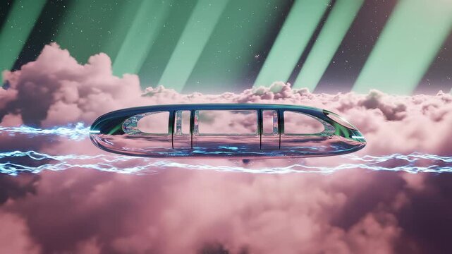 Futuristic transport pod flying through clouds under aurora sky