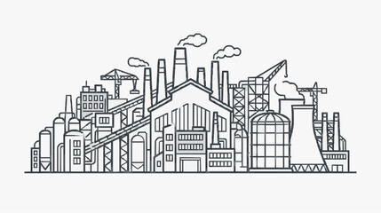 Obraz premium Industrial Cityscape with Factories and Smokestacks Line Art