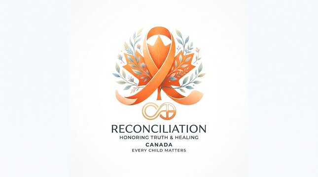 Reconciliation orange ribbon maple leaf vector illustration honoring truth and healing in Canada with every child matters typography