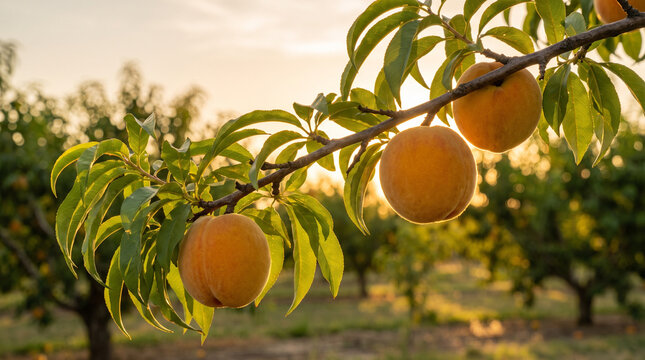 Sunlit peaches on orchard branch at golden hour