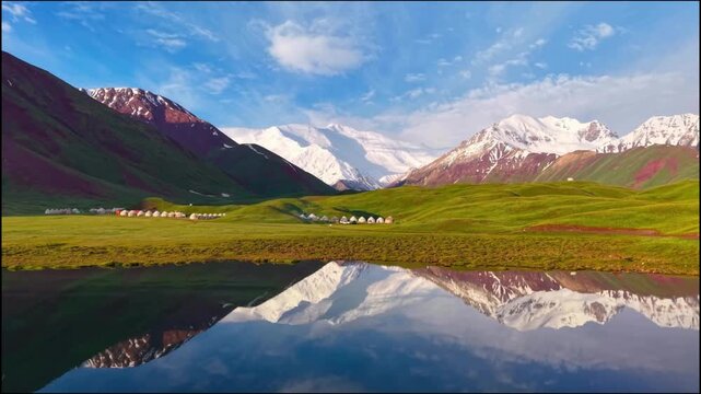 anoramic View of Snow Capped Mountains Reflected in Lake 