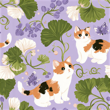 Calico cats with green leaves and purple flowers on lavender background create charming and playful pattern