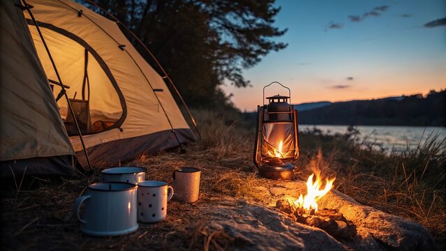 Outdoor camping scene featuring a canvas tent, glowing lantern, and enamel mug beside a campfire, ideal for adventure and wilderness travel content.